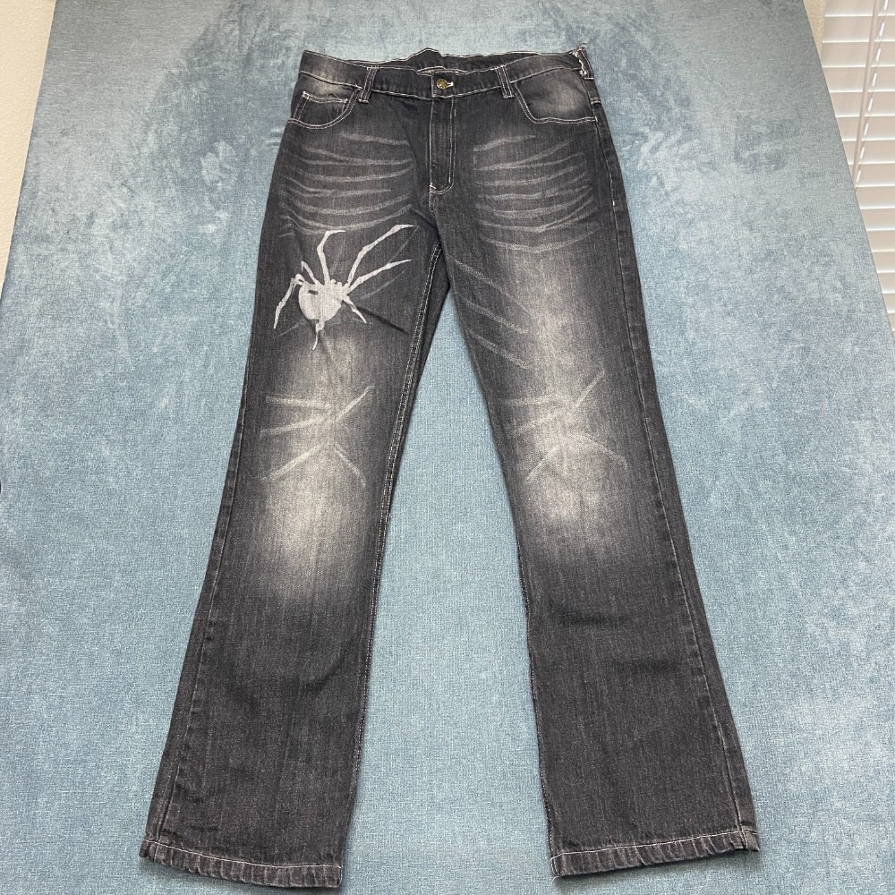Human Vices Spider Jeans Mens 36 35x33.5 Black Denim Whiskering Mid Rise Bootcut